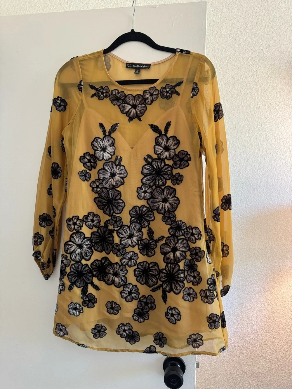 For Love And Lemons Sierra mini Dress in Mustard with Black Floral Appliqué - Picture 3 of 4